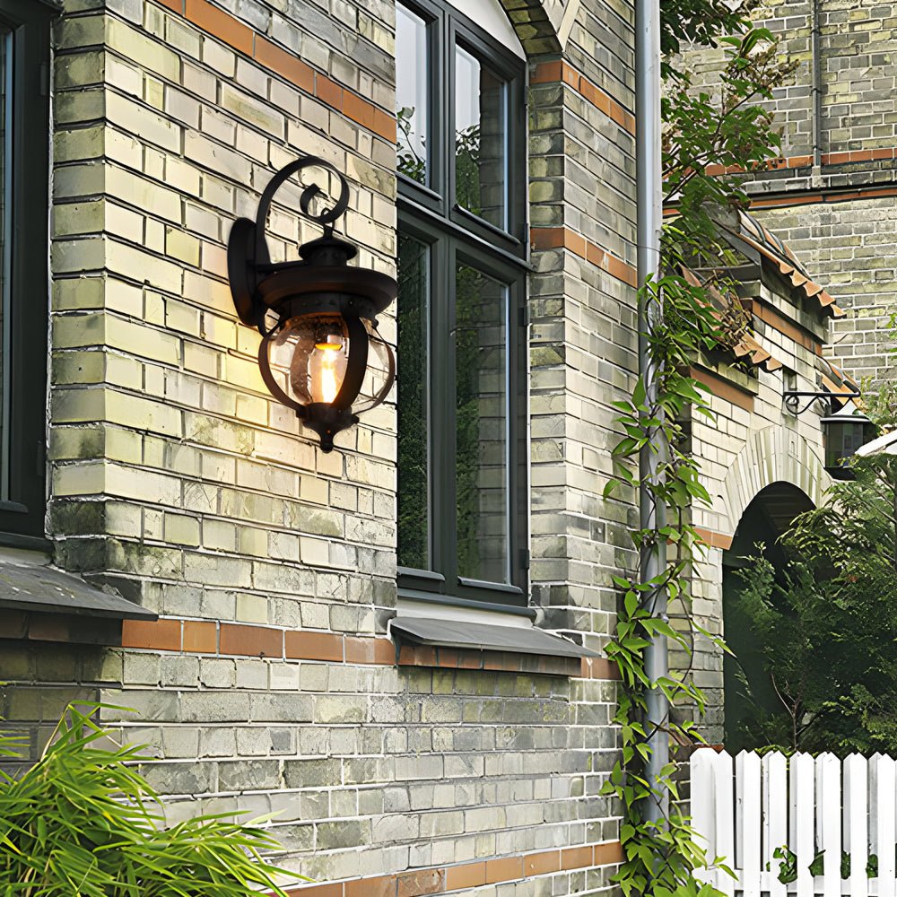 Lanterne 1L LED murale extérieure globe verre bullé bras courbé