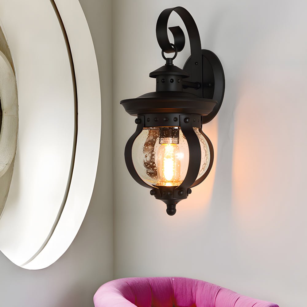 Lanterne 1L LED murale extérieure globe verre bullé bras courbé